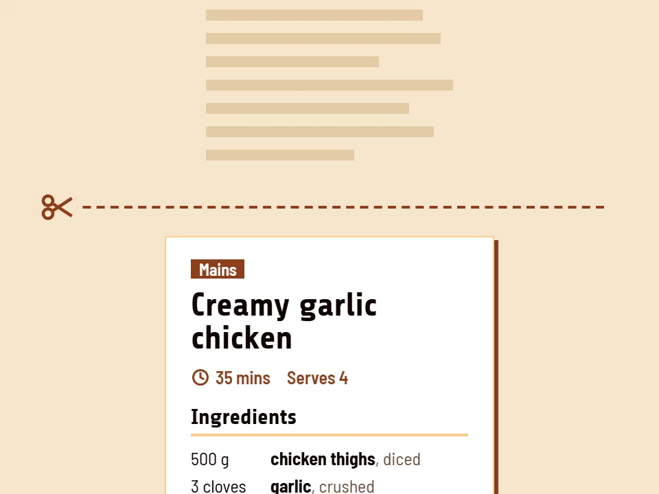 A long life story cut short above a sizzle recipe card