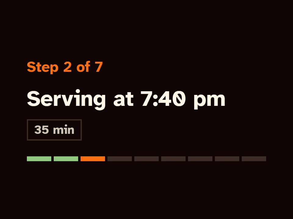 Step 2 of 7, serving at 7:40 pm, 35 minutes to go