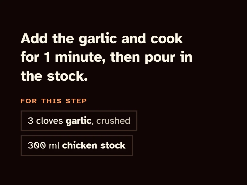 A step with the ingredients it needs listed underneath