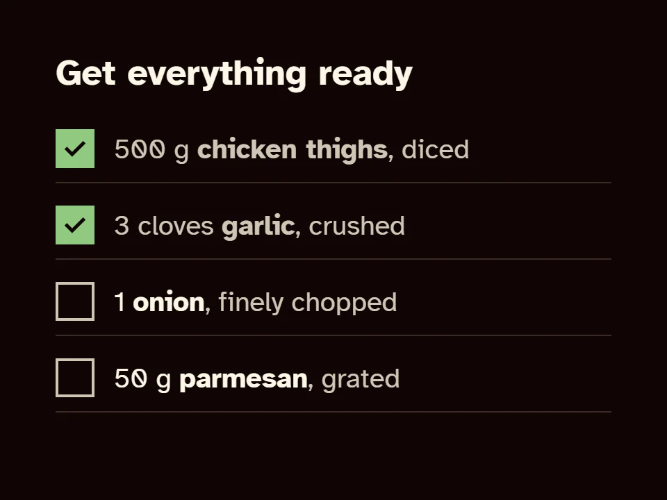 A prep checklist with two ingredients ticked